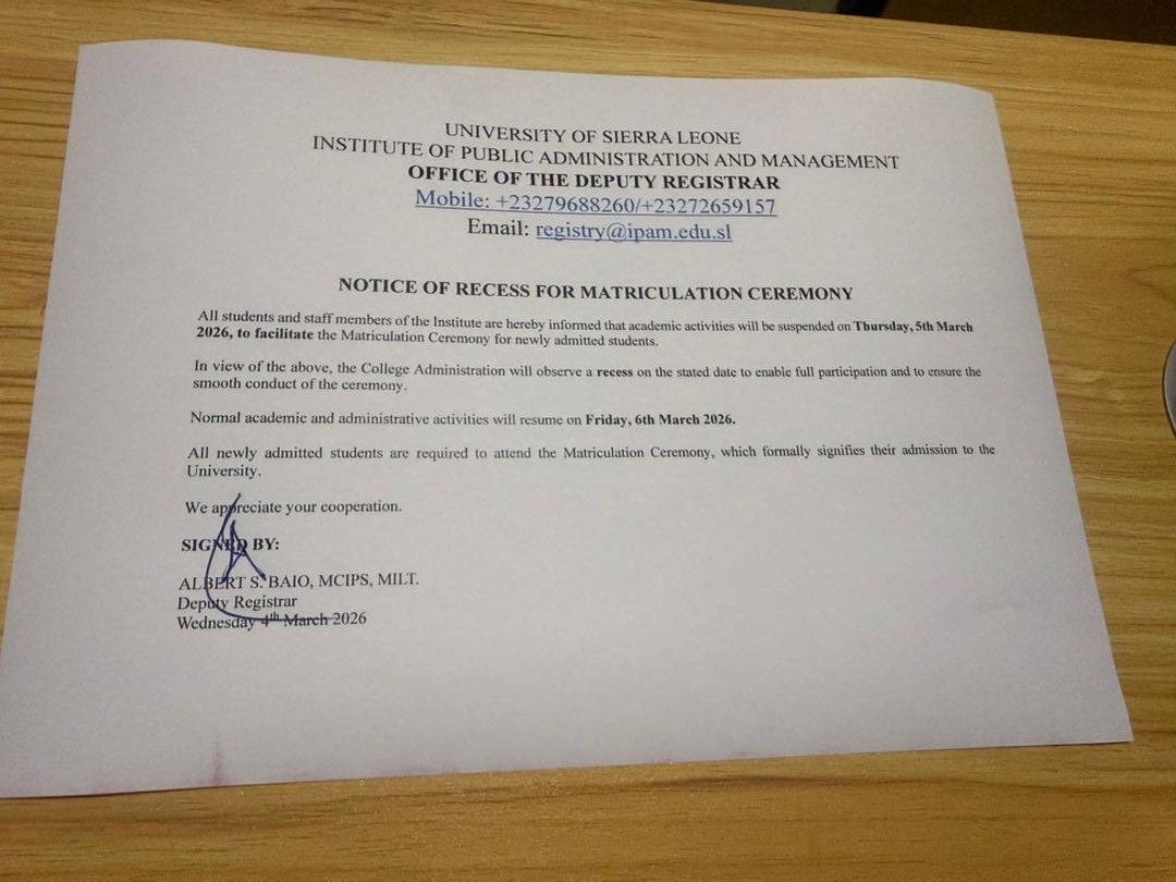 NOTICE OF RECESS FOR MATRICULATION CEREMONY