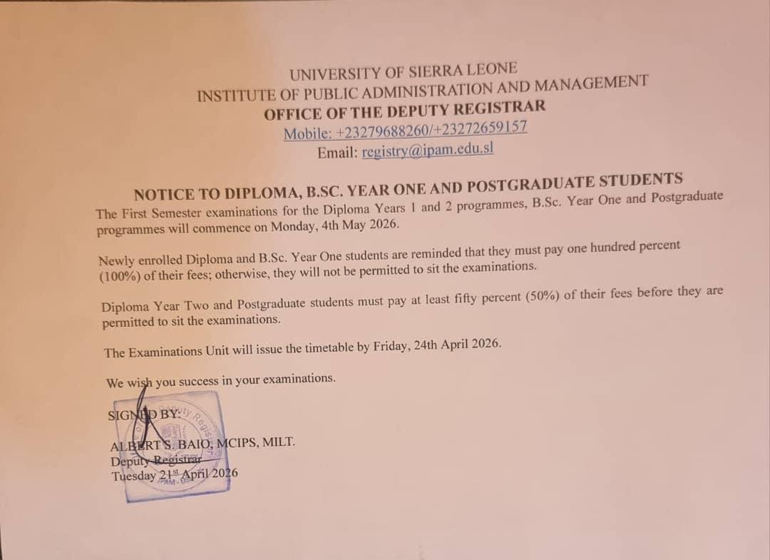 Examination Notice Issued for Diploma, B.Sc. Year One, and Postgraduate Students