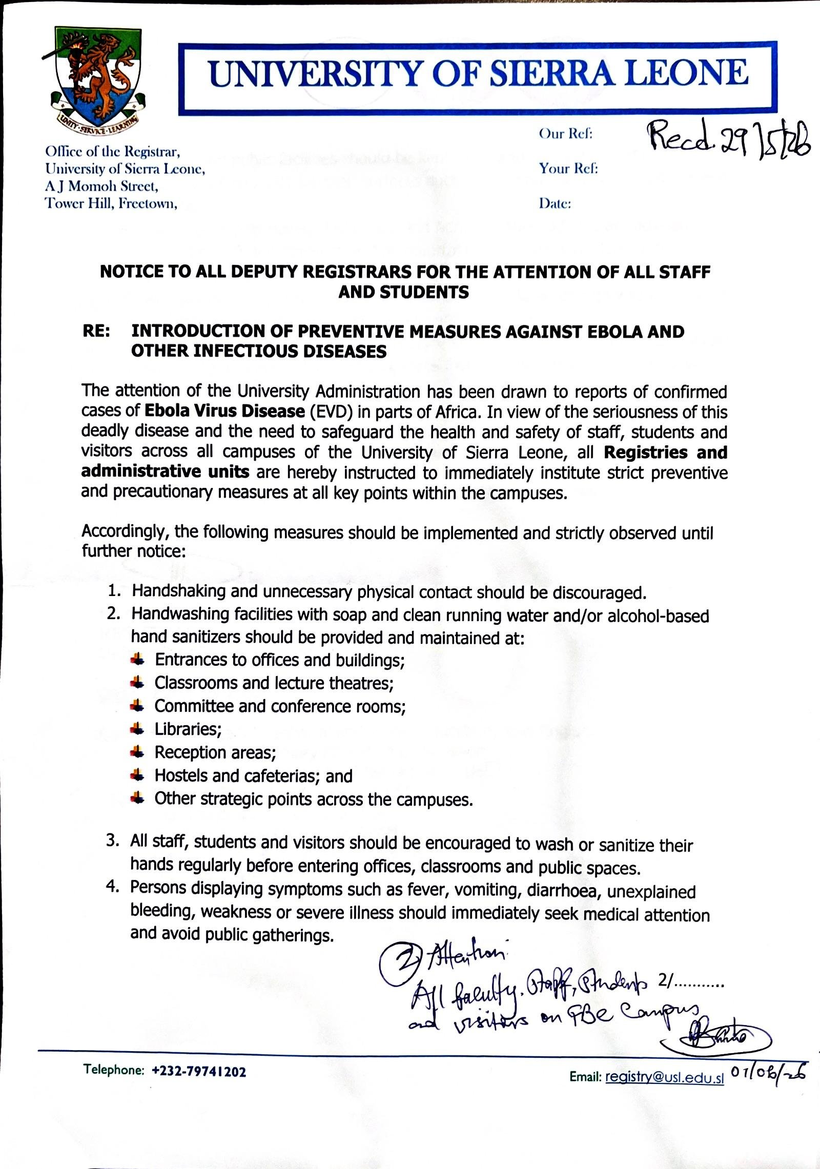 USL INTRODUCES PREVENTIVE MEASURES AGAINST EBOLA AND OTHER INFECTIOUS DISEASES