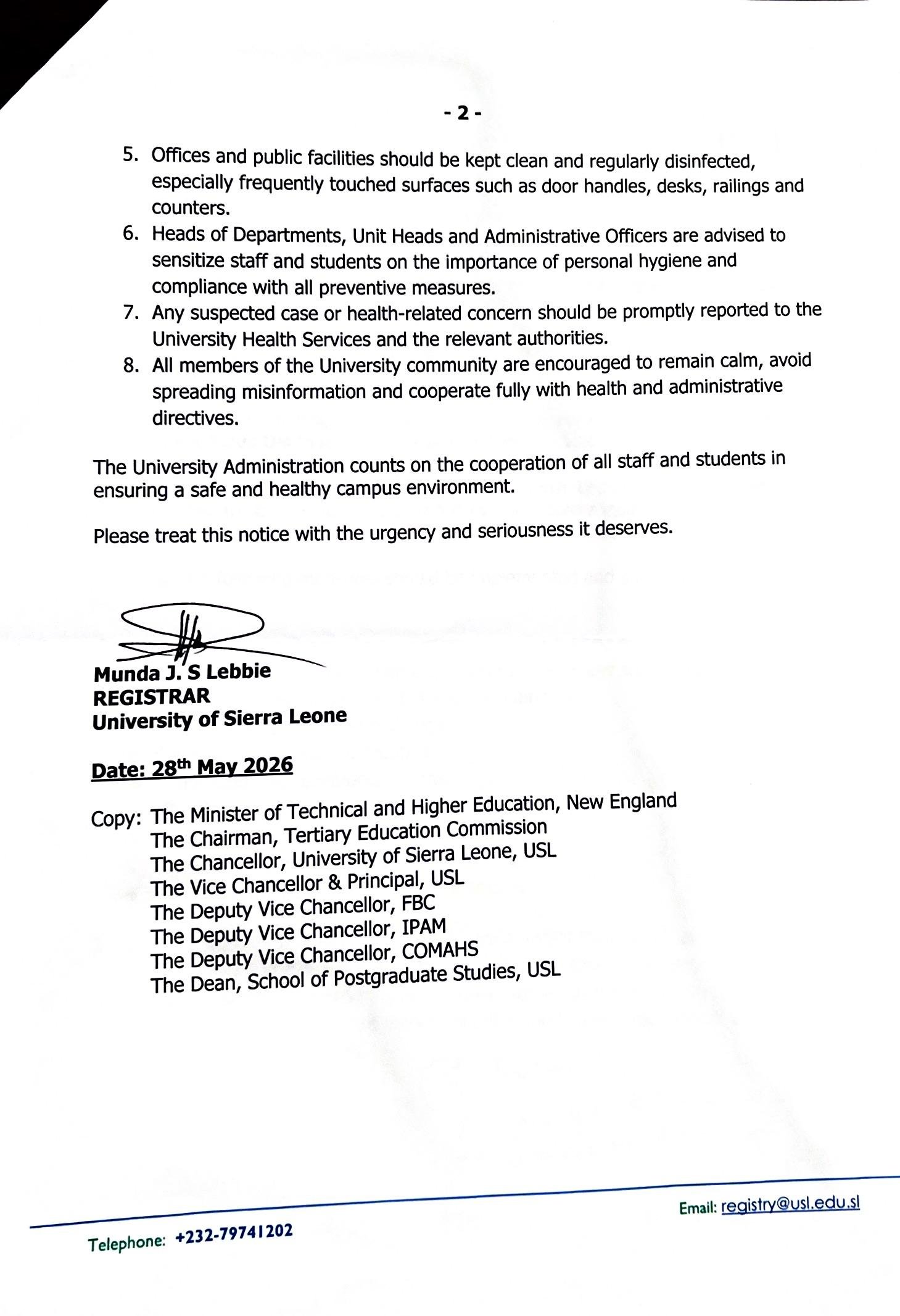 USL INTRODUCES PREVENTIVE MEASURES AGAINST EBOLA AND OTHER INFECTIOUS DISEASES