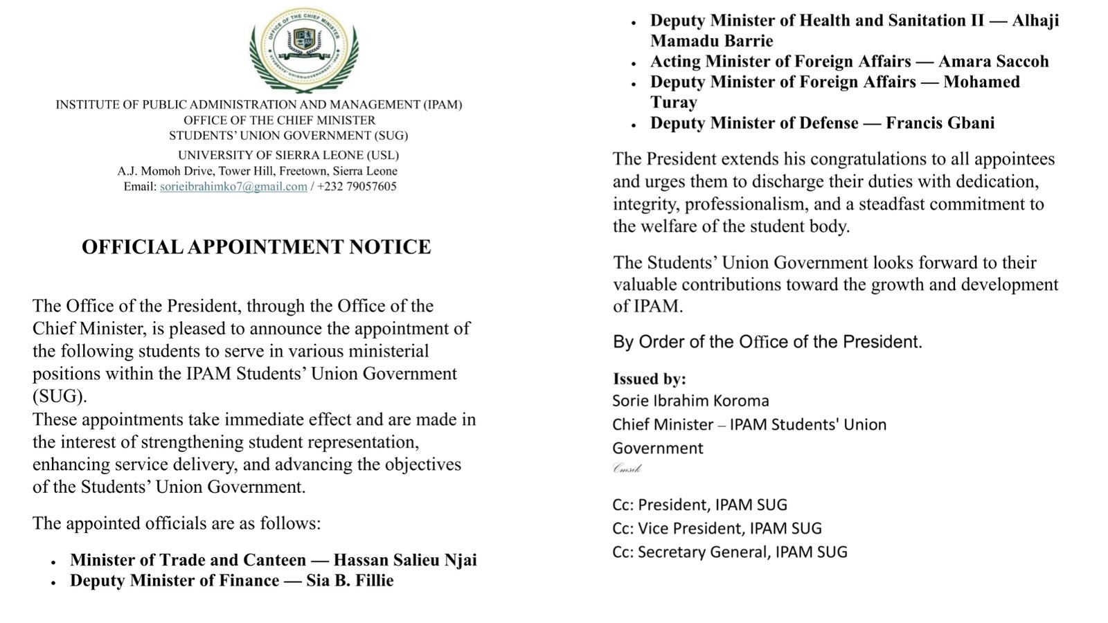 IPAM SUG Announces Major Ministerial Reshuffle and New Appointments