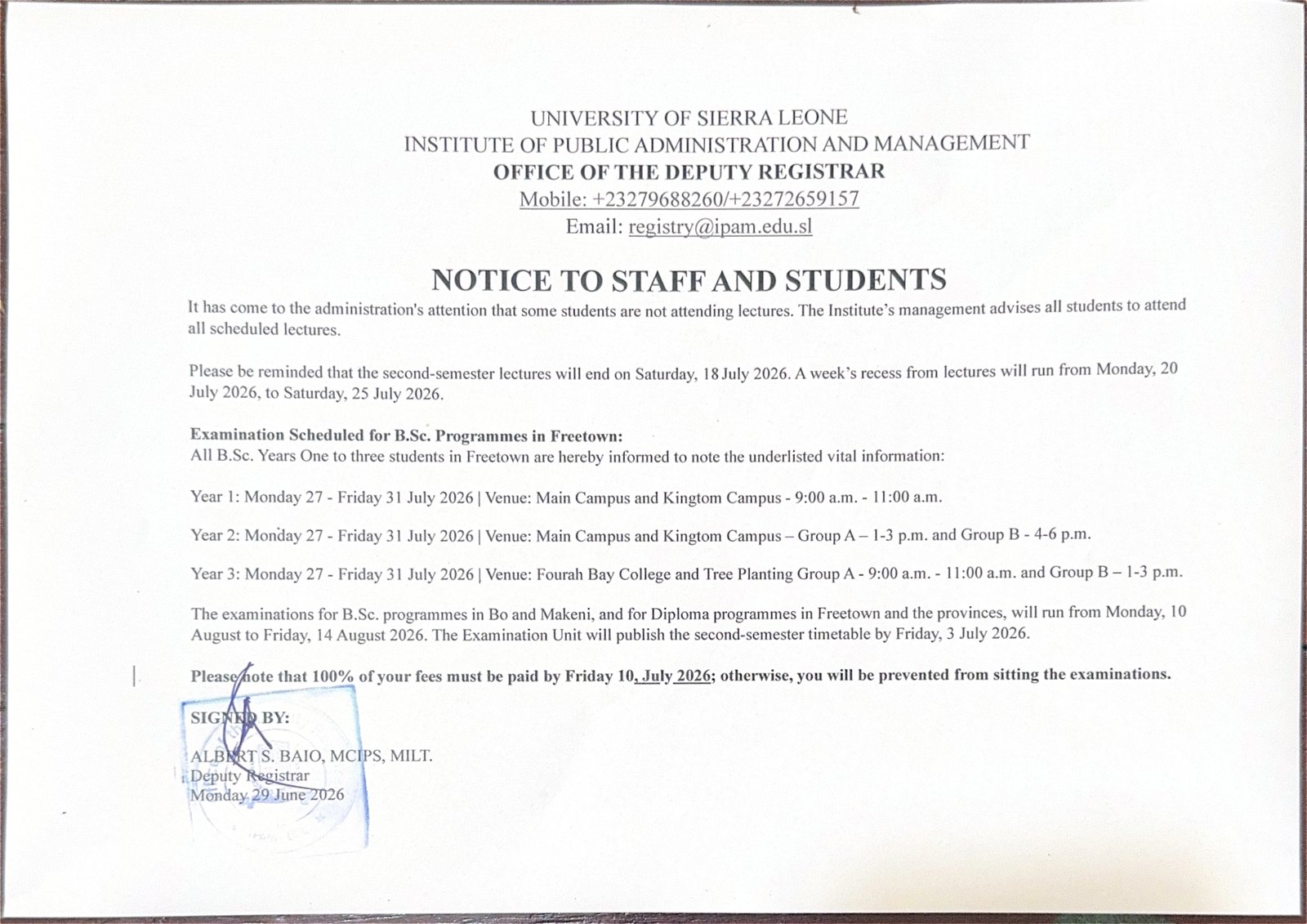 IPAM Announces End of Second Semester Lectures, Examination Schedule and Fees Deadline