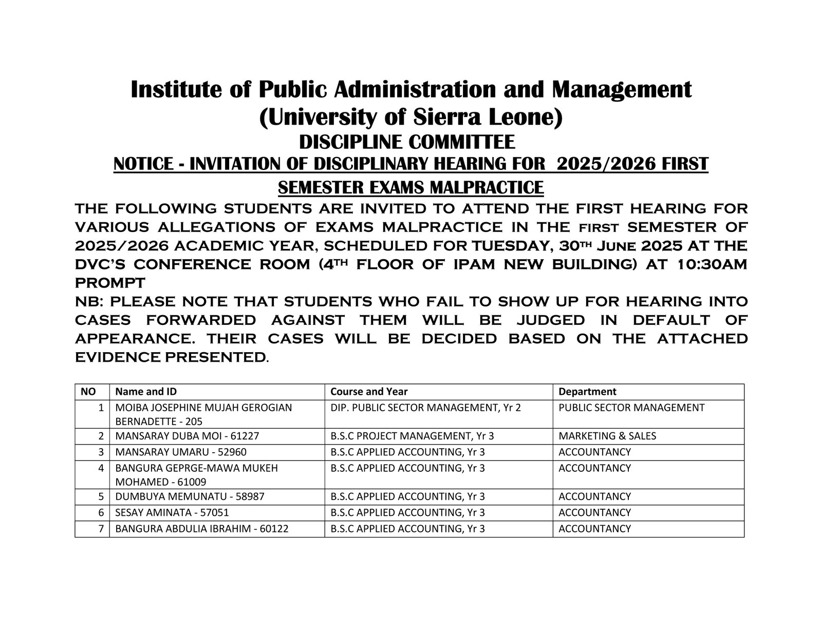 RESCHEDULING OF DISCIPLINARY HEARING FOR 2025/26 FIRST SEMESTER