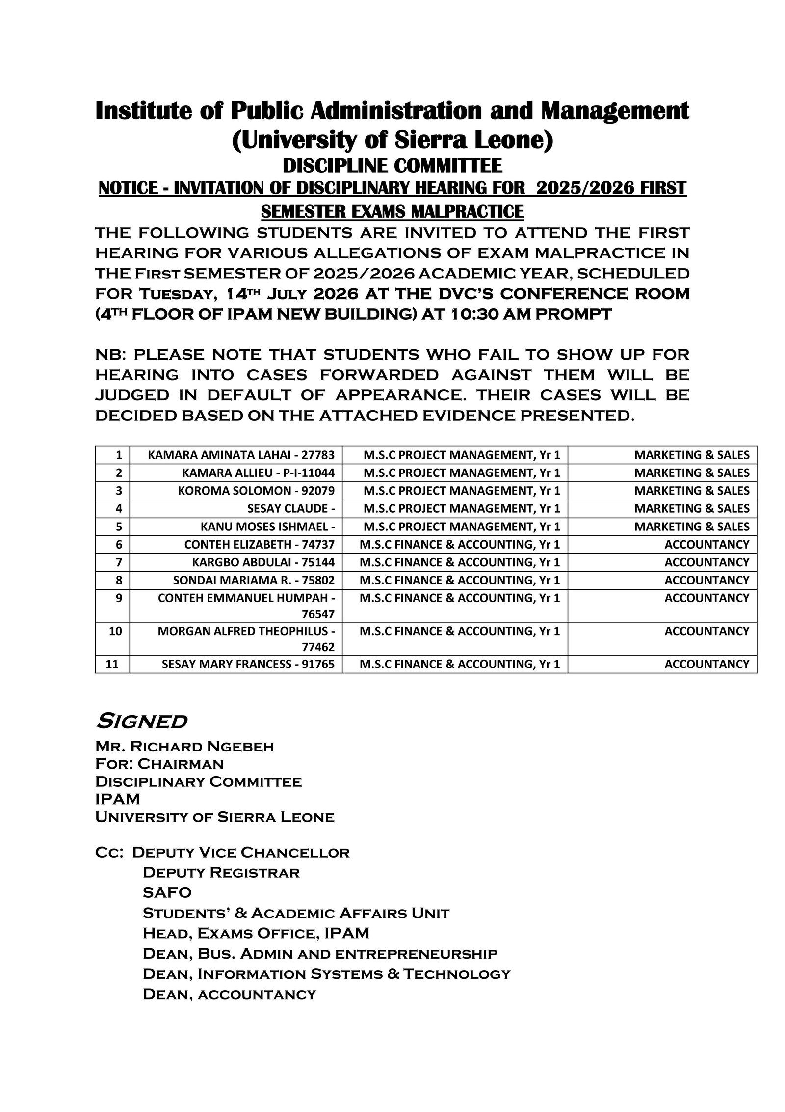 IPAM Invites 11 Postgraduate Students to First Disciplinary Hearing Over Alleged Examination Malpractice