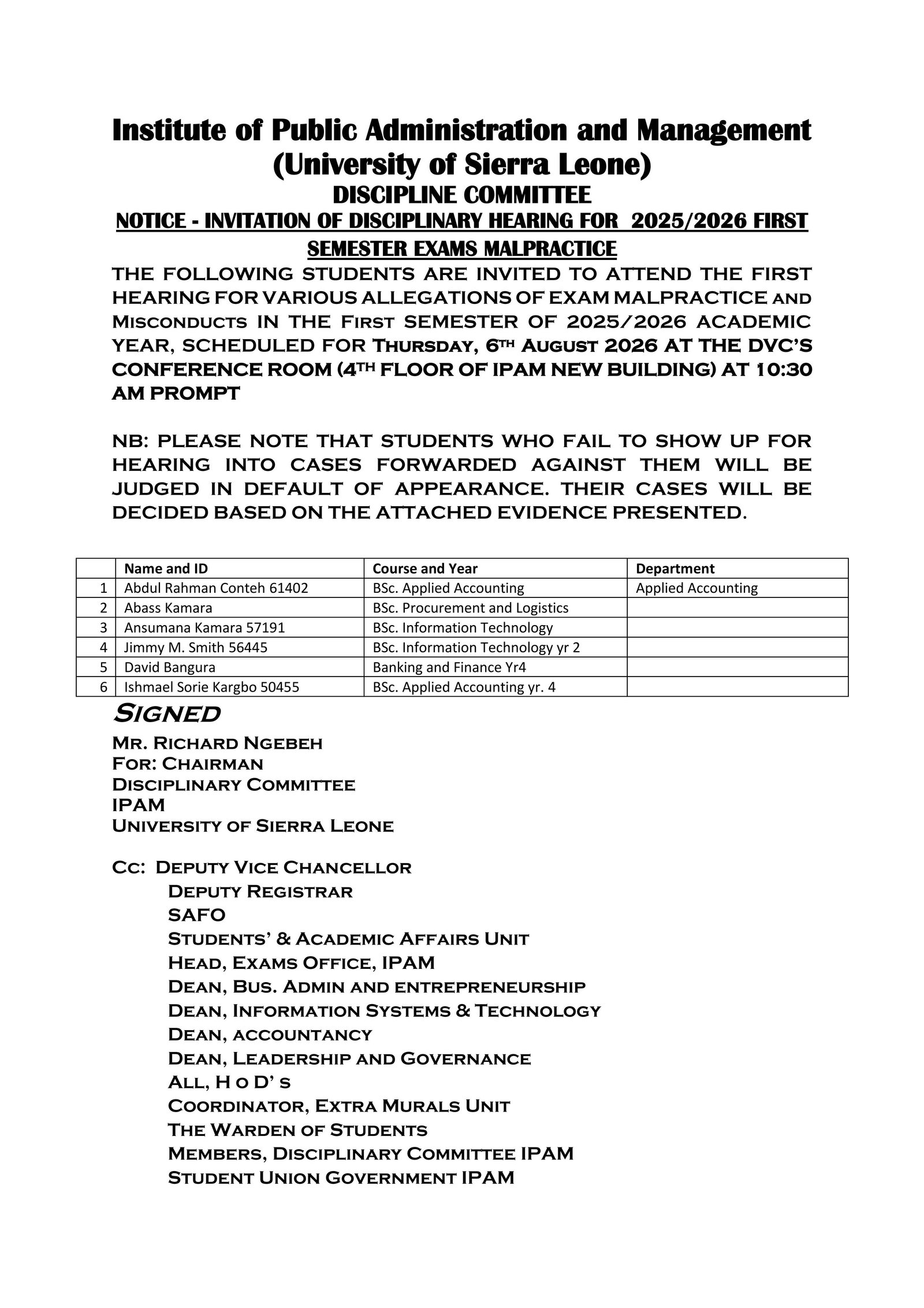 IPAM Summons Six Students for Disciplinary Hearing Over Alleged Misconduct