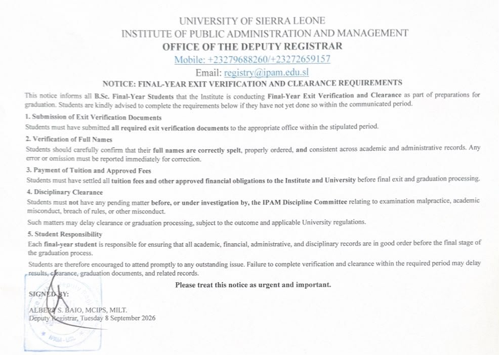 IPAM Issues Urgent Final-Year Exit Verification and Clearance Notice Ahead of Graduation